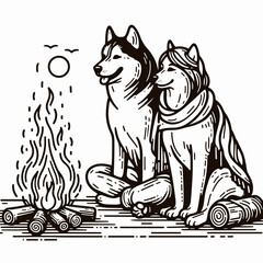 Fototapeta premium Siberian Husky Couple sitting by the fire minimalist vector graphic a cozy Christmas Eve scene