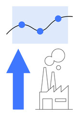 Graph line with data points showing upward trend, bold arrow pointing up, and factory outline symbolizing progress. Ideal for business growth, economy, production, innovation, progress, development