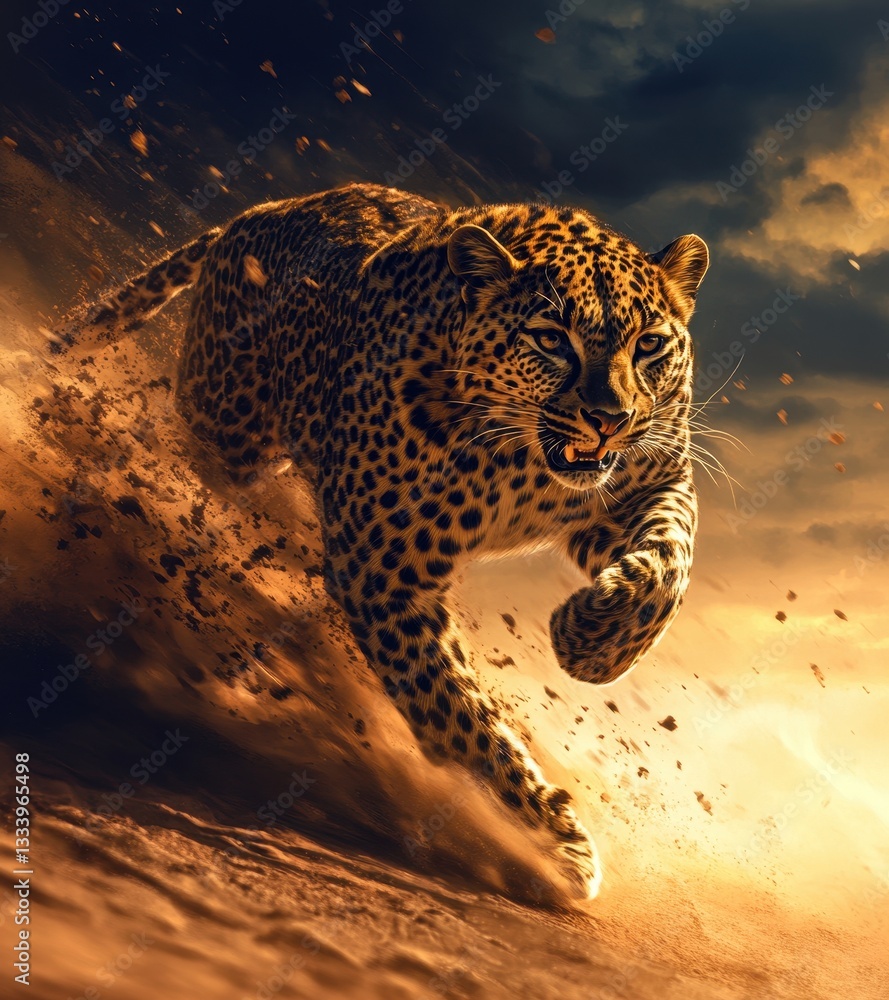 Poster majestic leopard running at full speed through dusty terrain under dramatic sky with clouds and ligh