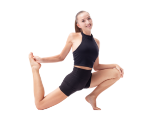 Young woman doing artistic gymnastics training, flexible rhythmic gymnast performing poses and showing skills and talent, sport workout, fitness and Well-Being concept, isolated on white background
