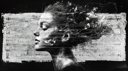 Monochrome portrait of a woman's profile, artistic grunge texture.