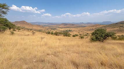 Fototapeta premium Expansive Golden Grassland Landscape Under a Blue Sky