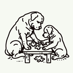 Obraz premium Rottweiler Dog Couple working on a Christmas puzzle vector illustration minimalist style holiday gift