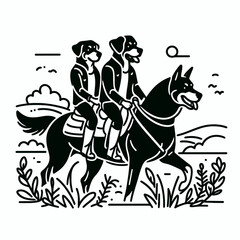 Obraz premium Rottweiler Dog Couple going horseback riding minimalist vector graphic a festive Christmas holiday scene