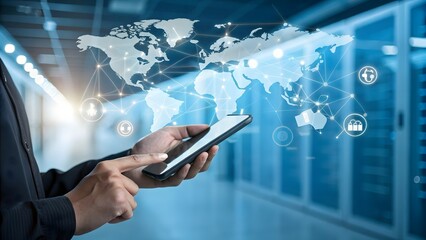 businessman holding digital mobile with world map