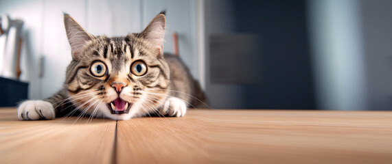 a cat with wide eyes and an open mouth, appearing to scream in shock or anger. The exaggerated expression conveys emotions of stress, surprise, or playful aggression