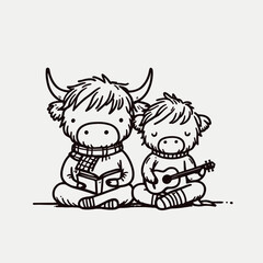 Highland Cow Couple Listening to music together a minimalist vector drawing shows their serene highland love.