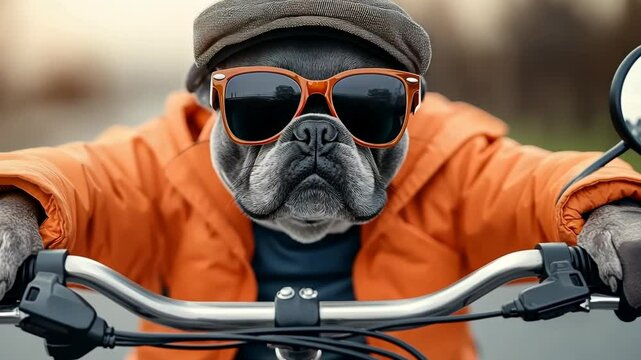 Dog wearing sunglasses and a hat is riding a bike. The dog is wearing an orange jacket and has a black nose