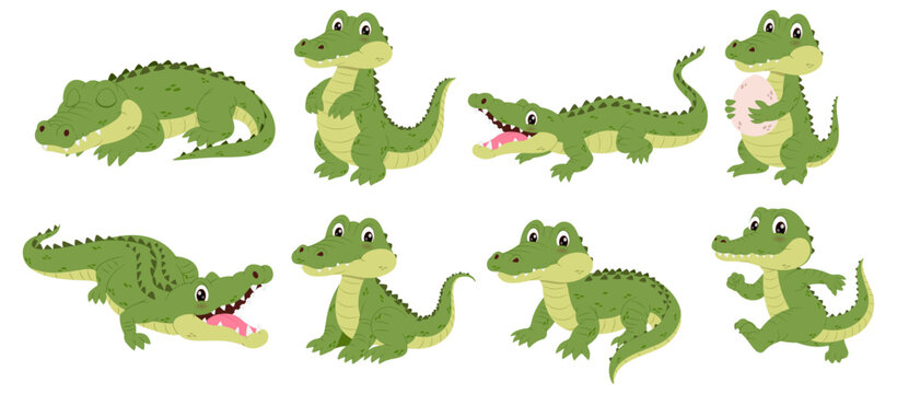 Eight cartoon green crocodiles in various poses, perfect for childrens book illustrations, educational materials, or wildlifethemed designs. Vibrant and playful characters.