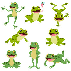 Eight cute green cartoon frogs in playful poses, perfect for childrens illustrations, naturethemed designs, and frogrelated projects. Colorful and fun.