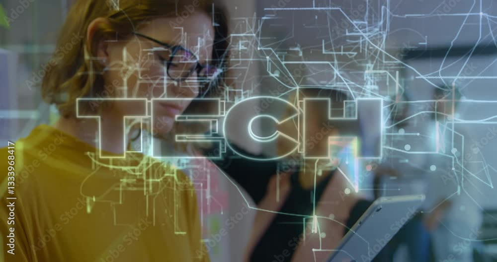Poster person using tablet with tech text and digital network overlay animation