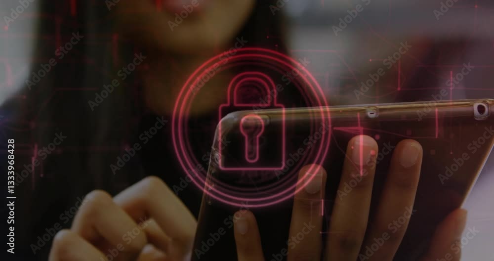 Poster using smartphone, person viewing animation of digital lock for security concept
