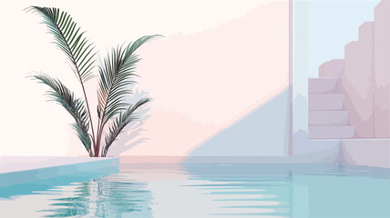 Obraz premium The image depicts a digitally rendered minimalist interior scene. The color palette is predominantly pastel shades of light blue, pink, and white. A small palm plant is positioned in a white