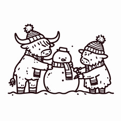 Fototapeta premium Highland Cow Couple Building a snowman; a simple monochrome vector graphic depicts their winter fun.