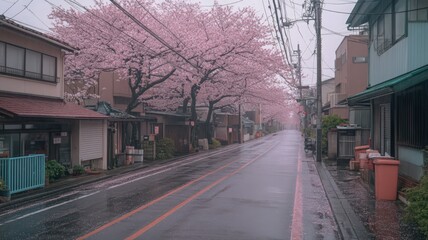 Fototapeta premium Rainy Day in Japan: Pink Cherry Blossoms Falling on a Quiet Street