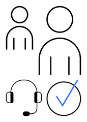 Simple design with user icons, headset microphone, and blue checkmark visualizing communication, customer service, user profile verification, call center, online support, trust, and quality