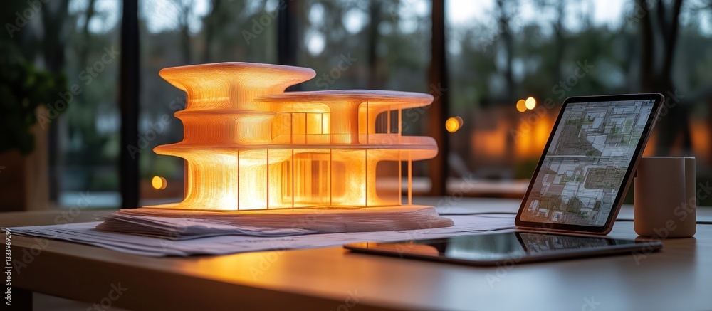 Poster illuminated 3d printed architectural model of a modern house on a desk with tablets and blueprints.