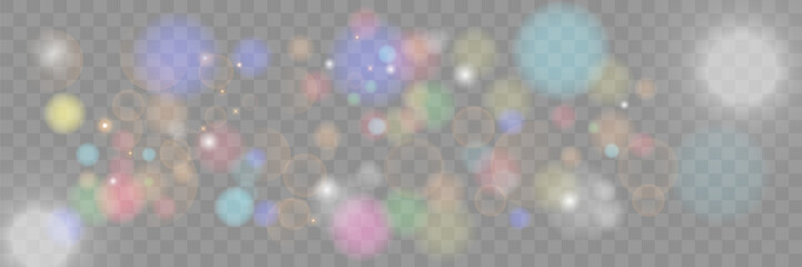 Colorful bokeh background. Bright glow of light sources. Blurred circle background. Vector illustration. On a transparent background.