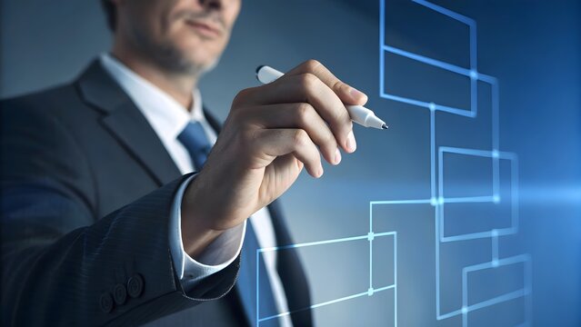 Businessman Strategically Sketching A Complex Flowchart, Illustrating A Critical Business Plan With Sharp Lines And A Cool Blue Digital Backdrop