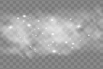 White fog, wind, sparks of star dust on a transparent background. Christmas abstract pattern. Sparkling magical particles of dust stars. Vector illustration.