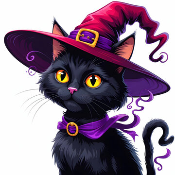recommend clip art: Cartoon Halloween black cat in witch hat Vector illustration isolated