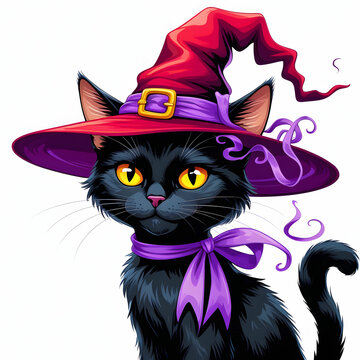 recommend clip art: Cartoon Halloween black cat in witch hat Vector illustration isolated