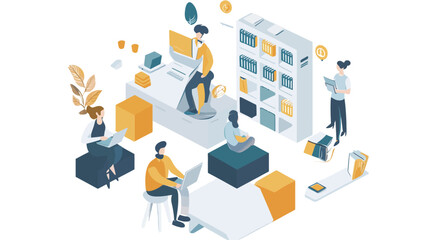 The image is an isometric illustration depicting a modern office workspace.  Several stylized figures of office workers are shown interacting with computers and laptops. The setting includes