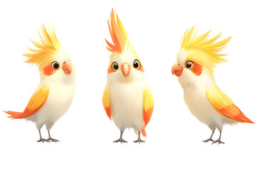 Naklejka premium Cartoon illustration of cockatiel bird character in three poses, front, side, and back view, on white or transparent background