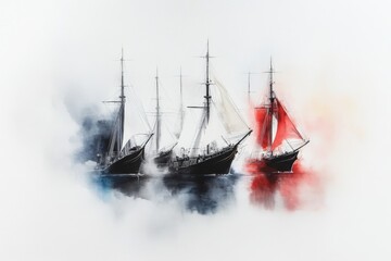 Obraz premium A clean composition of a fleet of ships in formation on calm waters, illustrated with simple outlines and a muted, pastel palette