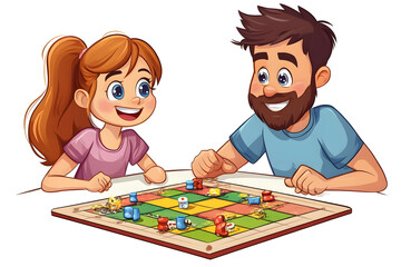 Fototapeta premium Cartoon illustration of Father and daughter playing board game together at home, enjoying quality family time isolated on white or transparent background