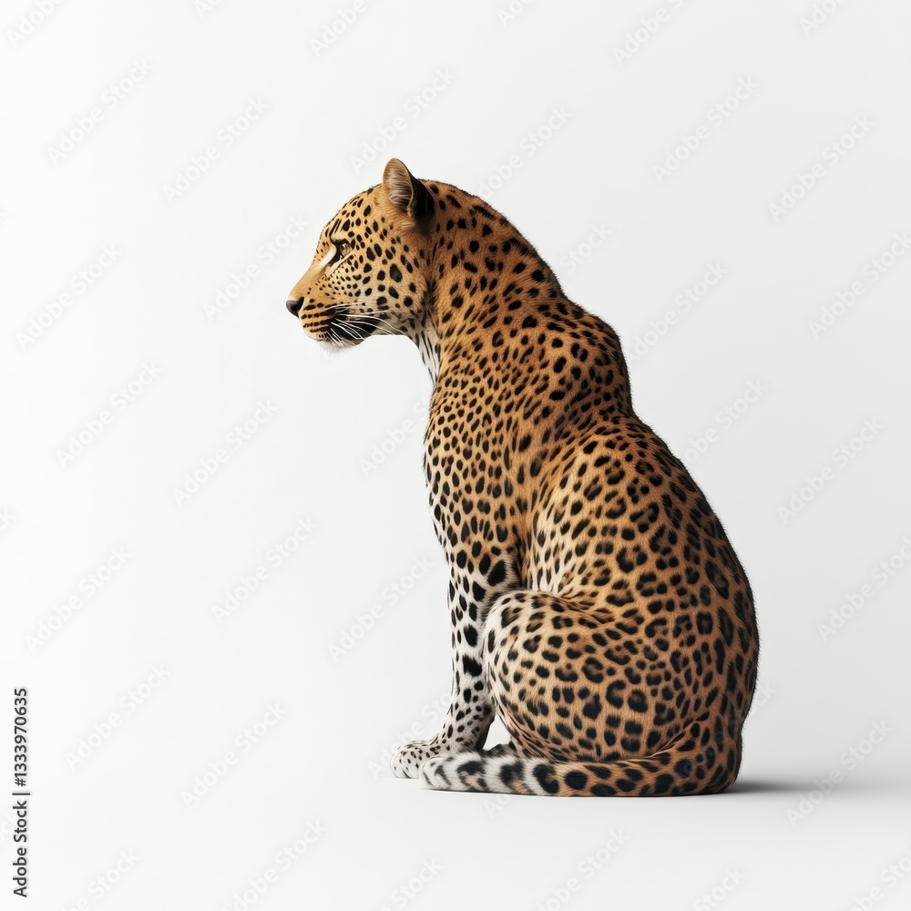 Poster majestic leopard sitting gracefully on a white background showcasing its distinctive spots and power