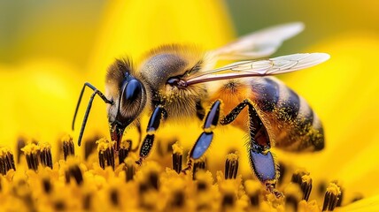 Naklejka premium World bee day with nature and sustainability idea. Close-up of a bee on a vibrant yellow flower.