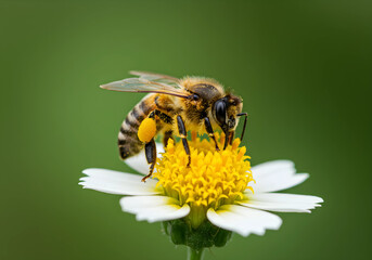 Bee Pollinating Flower, Honeybee Gathering Pollen on White and Yellow Blossom