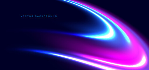 Blue and pink curved neon beams on dark blue background. High speed motion moving concept.