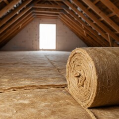 Close-up of fiberglass insulation roll in an attic space, highlighting home improvement and thermal protection, Roll for loft insulation material in a wooden attic, roll of mineral wool.