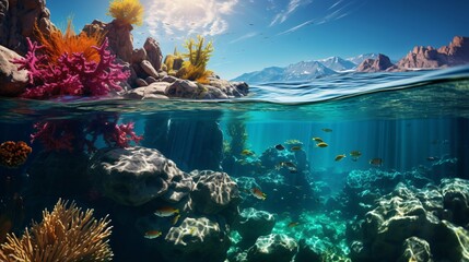 Stunning split view of a vibrant coral reef underwater and a tropical island landscape above

