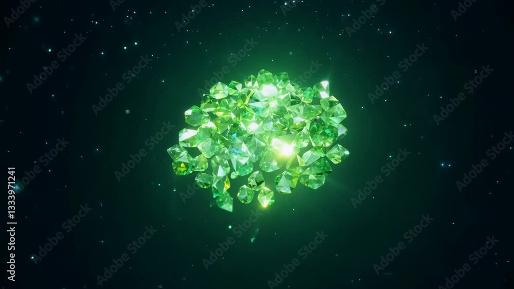 Poster A bunch of green gems are shown in the image. They are all different sizes and shapes. The gems are scattered all over the image, with some closer to the foreground and others further back