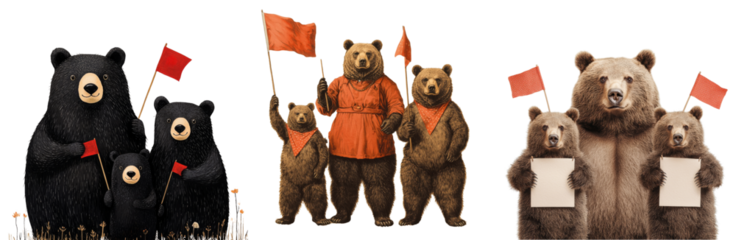 Bears holding red flags in playful protest scene, showcasing unity and fun