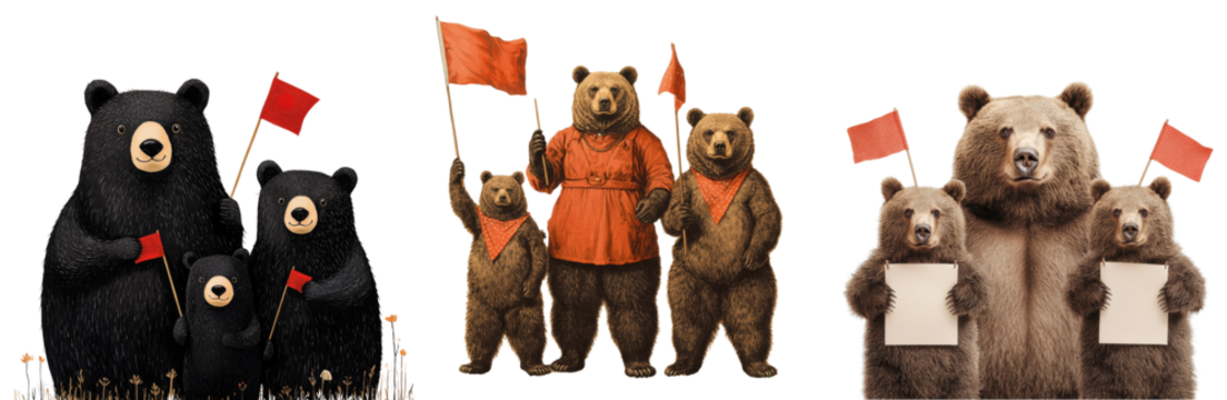 Bears holding red flags in playful protest scene, showcasing unity and fun