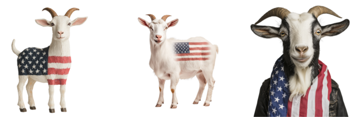 Three goats adorned with American flag designs, showcasing patriotism and charm. Each goat has unique expression and style Independence day 4th of July, american USA