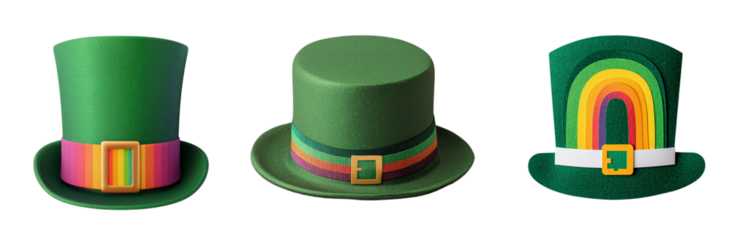 Colorful green hats for festive celebrations, featuring rainbow accents and unique designs. Perfect for parties and themed events st patricks day leprechaun, clover leaves