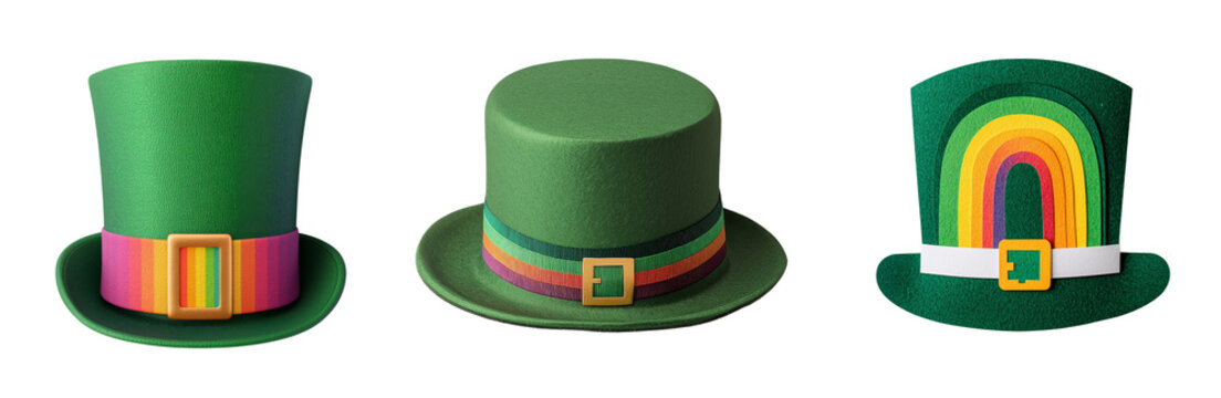 Colorful green hats for festive celebrations, featuring rainbow accents and unique designs. Perfect for parties and themed events st patricks day leprechaun, clover leaves