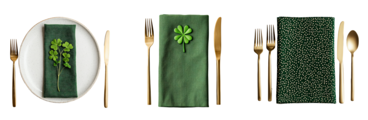 Elegant green table setting with napkins and gold cutlery for special occasions st patricks day leprechaun, clover leaves