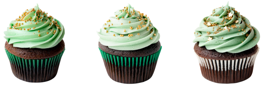 Delicious chocolate cupcakes with mint frosting and golden sprinkles st patricks day leprechaun, clover leaves
