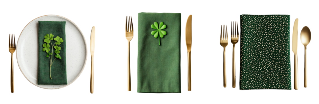 Elegant green table setting with napkins and gold cutlery for special occasions st patricks day leprechaun, clover leaves