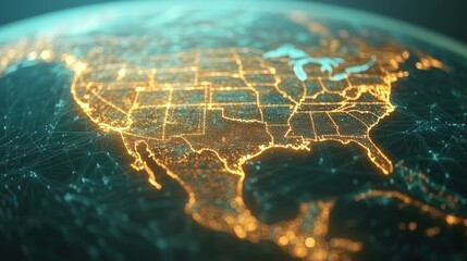 A vibrant digital representation of North America displays illuminated borders and network connections, emphasizing data flow and geography