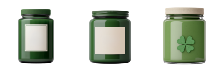 Green candle jars with various designs and labels, perfect for home decor or gifts st patricks day leprechaun, clover leaves