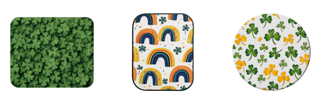 Clover patterns in various styles, featuring vibrant colors and playful designs. Perfect for festive occasions and celebrations st patricks day leprechaun, clover leaves