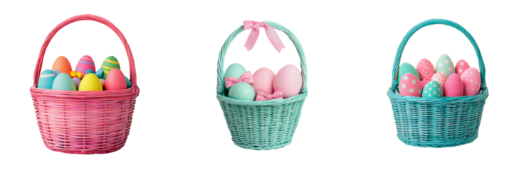 Easter bunny , rabbit Colorful Easter baskets filled with decorative eggs create festive atmosphere. Perfect for spring celebrations and holiday decorations