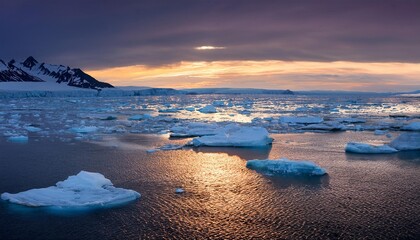 Fototapeta premium Ice floes floating on arctic ocean at sunset with dramatic sky
